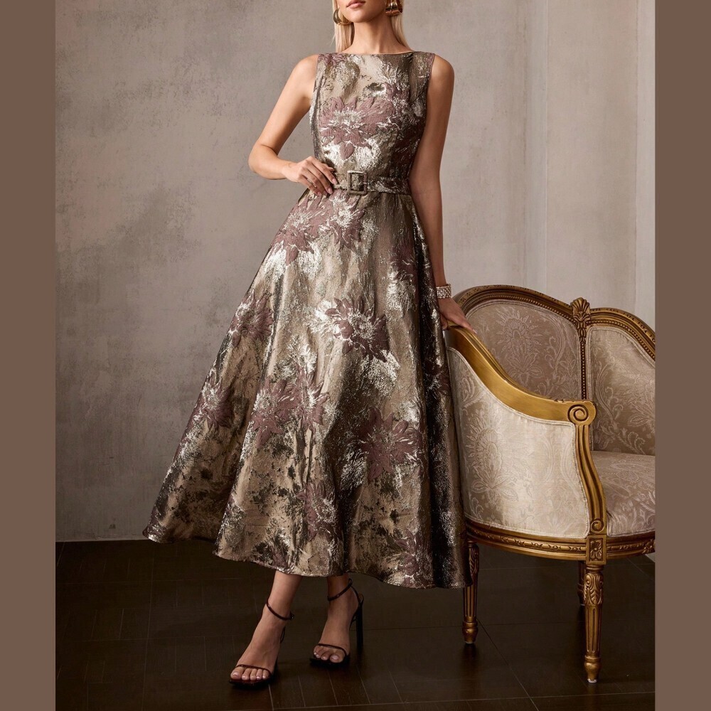 Bronze / Gold / Beige Metallic Floral Jacquard Belted Sleeveless Midi Dress